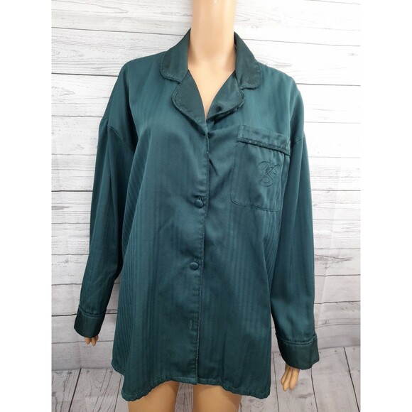 Victoria Secret Sz L pajama shirt top collared logo Green button Front - Picture 1 of 9